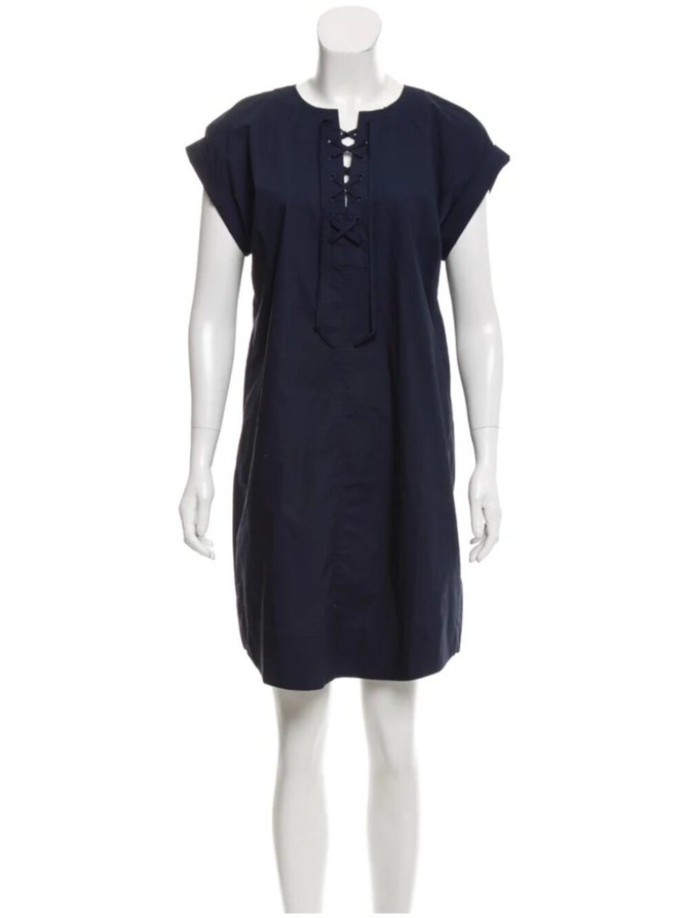 J.Crew Dress Size Medium Navy Blue Lace Up Front Shift 100% Cotton Short Sleeve